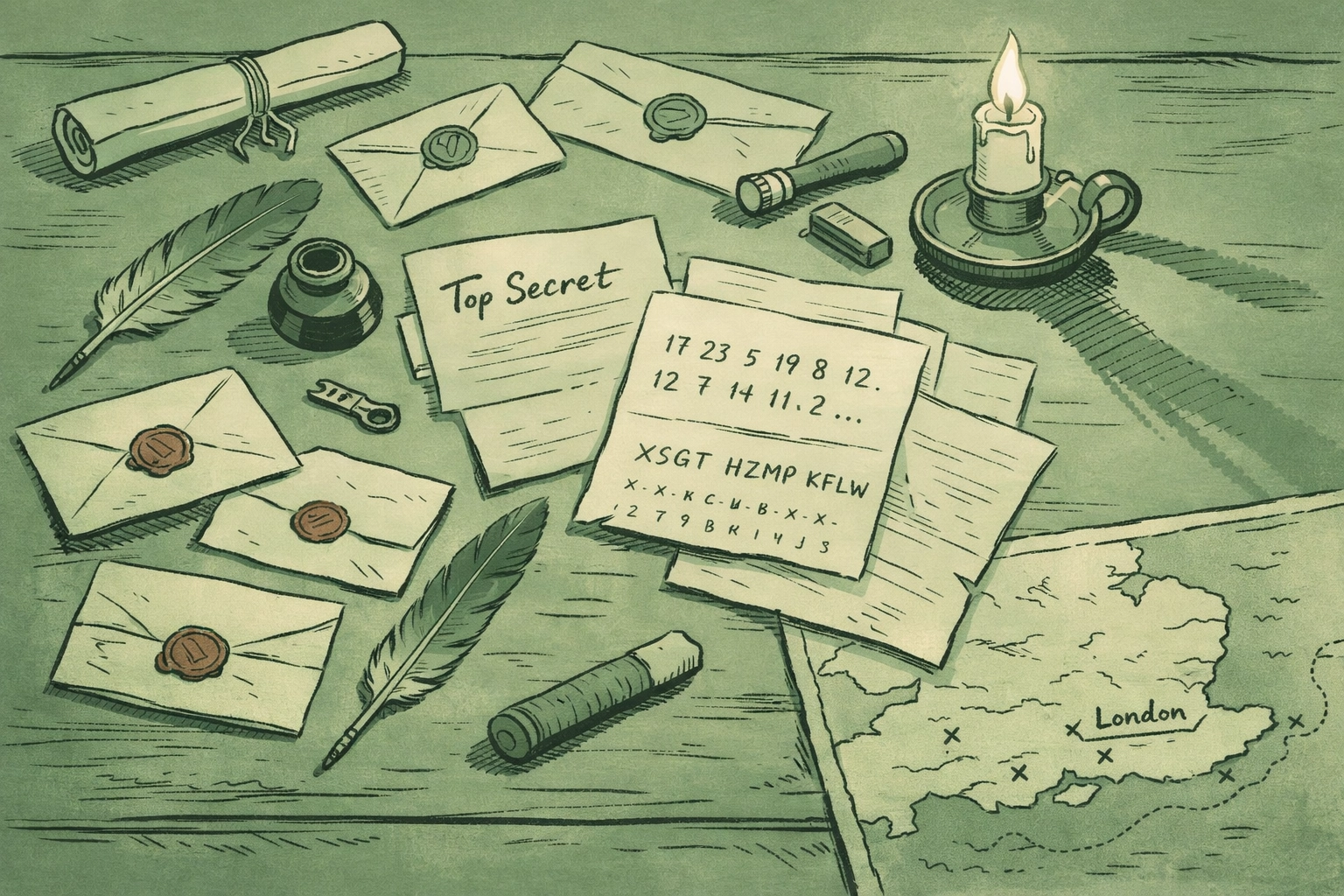 18th-century spy desk with secret documents and coded letters from Secret du Roi