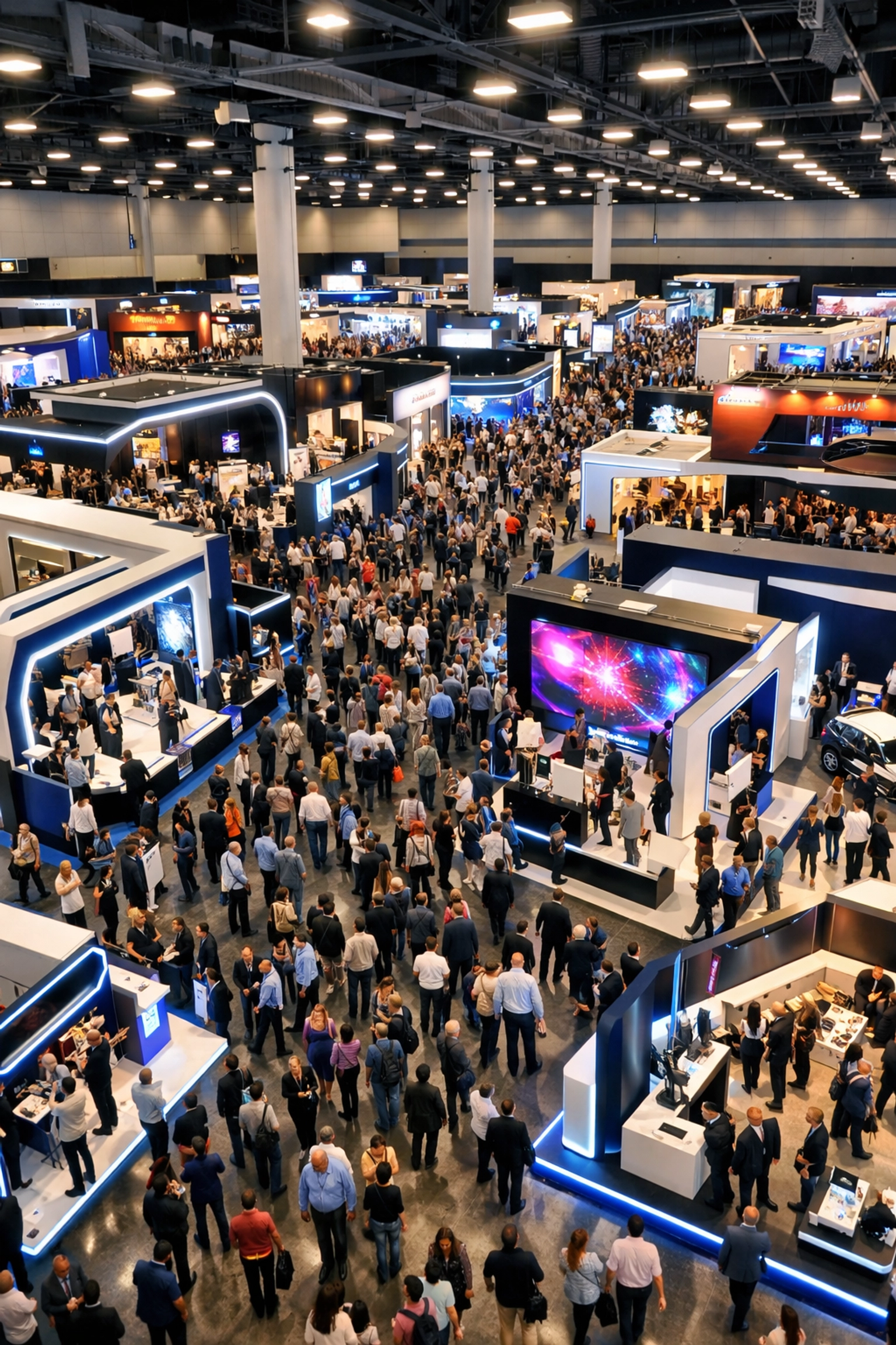 Bustling trade show floor and exhibition booths at the Miami Beach Convention Center.