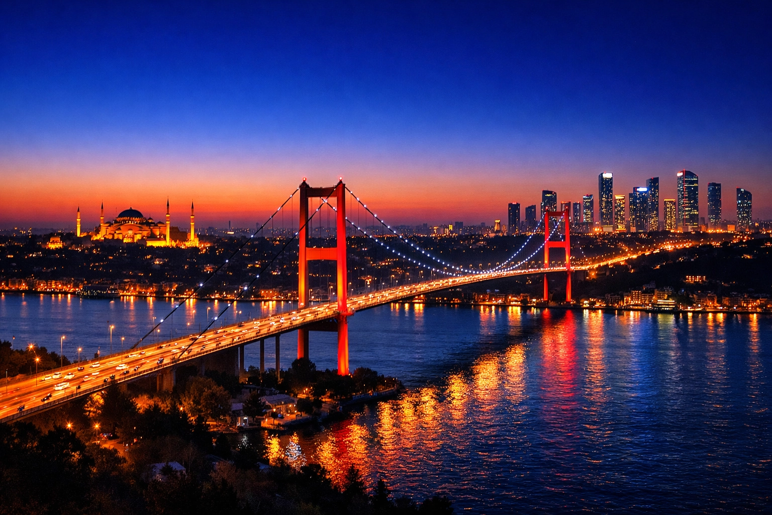 The Bosphorus Bridge in Istanbul at night, representing the crossroads of global time and commerce.