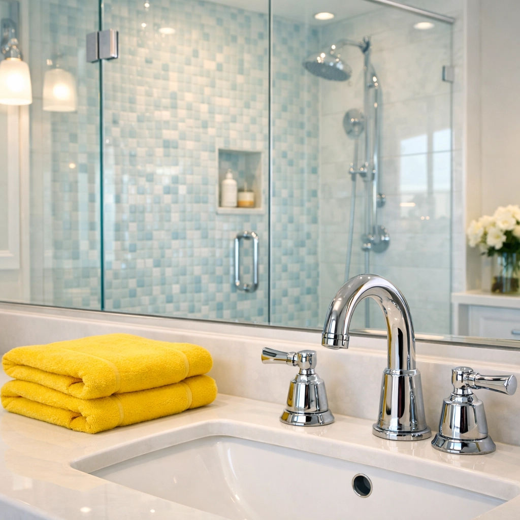 Professional cleaners Hopedale MA deliver a deep cleaning to a luxury master bathroom with sparkling chrome.