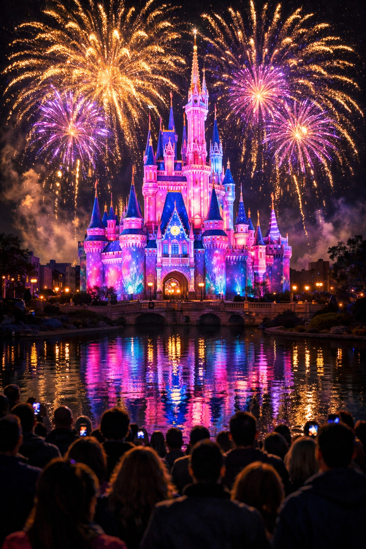 Colorful fireworks and light projections over the iconic fairy-tale castle at Disney's Magic Kingdom.