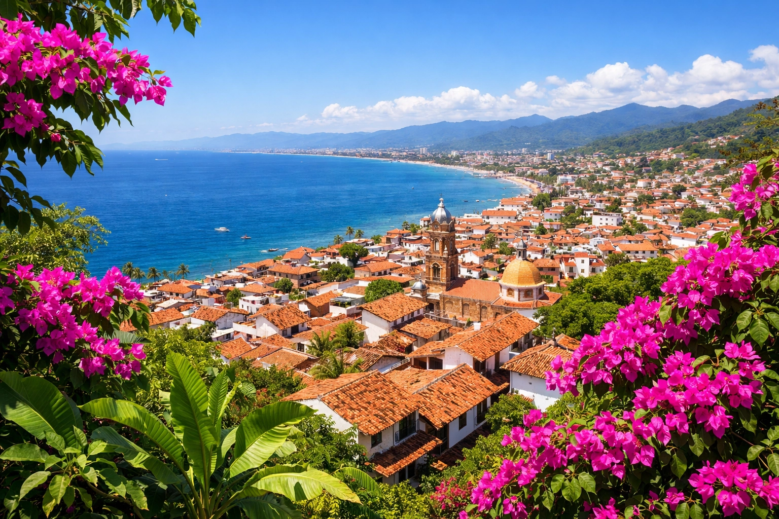 Scenic overlook of Puerto Vallarta with terracotta roofs and Banderas Bay from the Sierra Madre foothills.