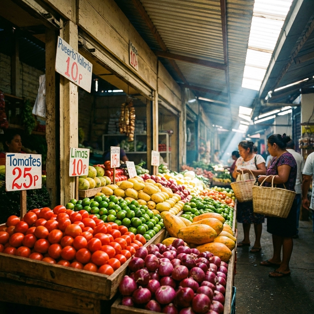 Colorful produce on display at Puerto Vallarta local market, highlighting fresh food near Old Town rentals
