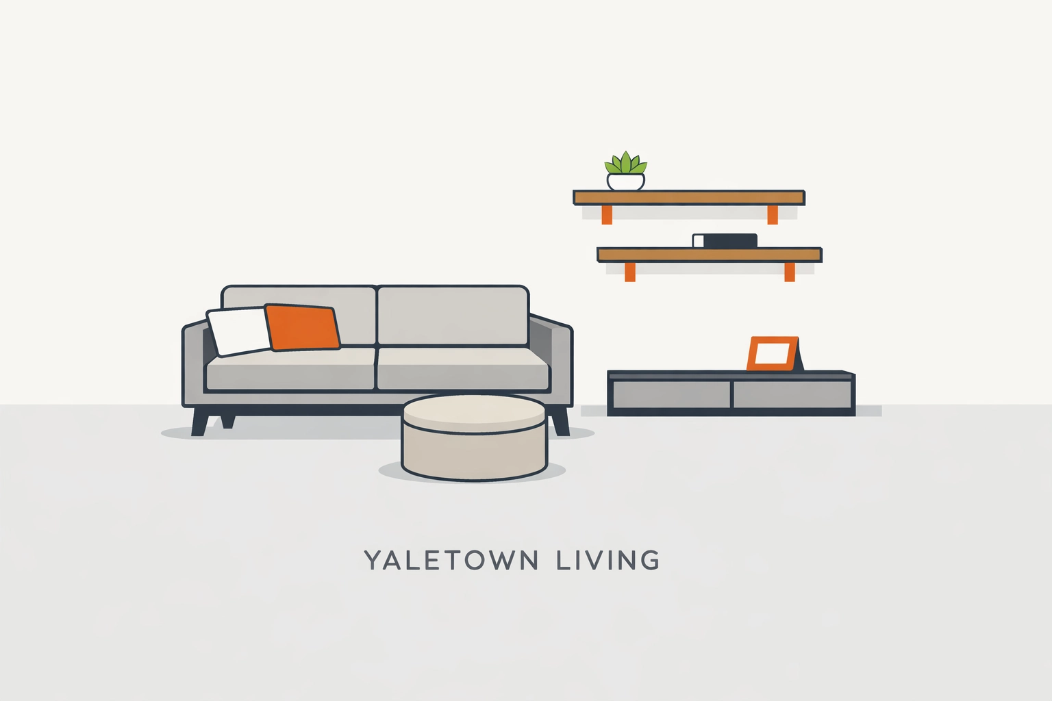 Minimalist Yaletown living room with floating wall shelves and a storage ottoman.