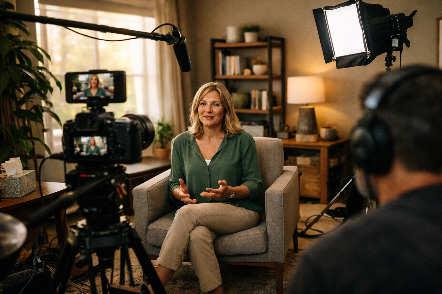 Behind-the-scenes video production of clinical director recording introduction in therapy room