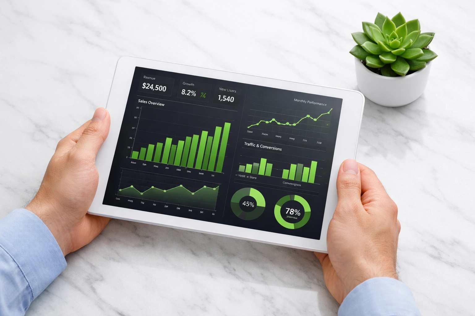 Reviewing analytics and website maintenance services data on a tablet to improve site visibility.