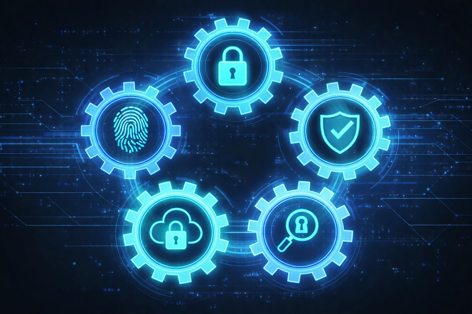 Interconnected gears representing the five core functions of NIST CSF cybersecurity framework