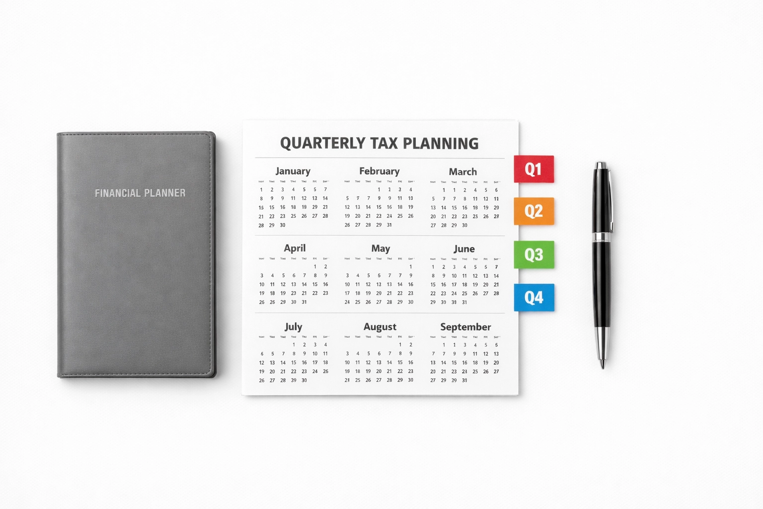 Calendar with quarterly tax planning markers and financial planner for 2026 tax season