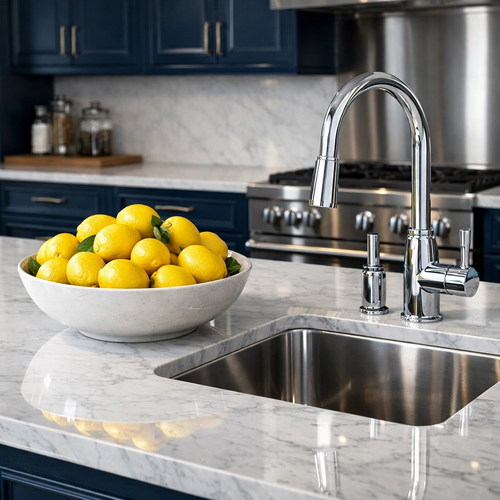 Professionally cleaned kitchen featuring a shiny faucet and marble island after a deep move-out cleaning service.