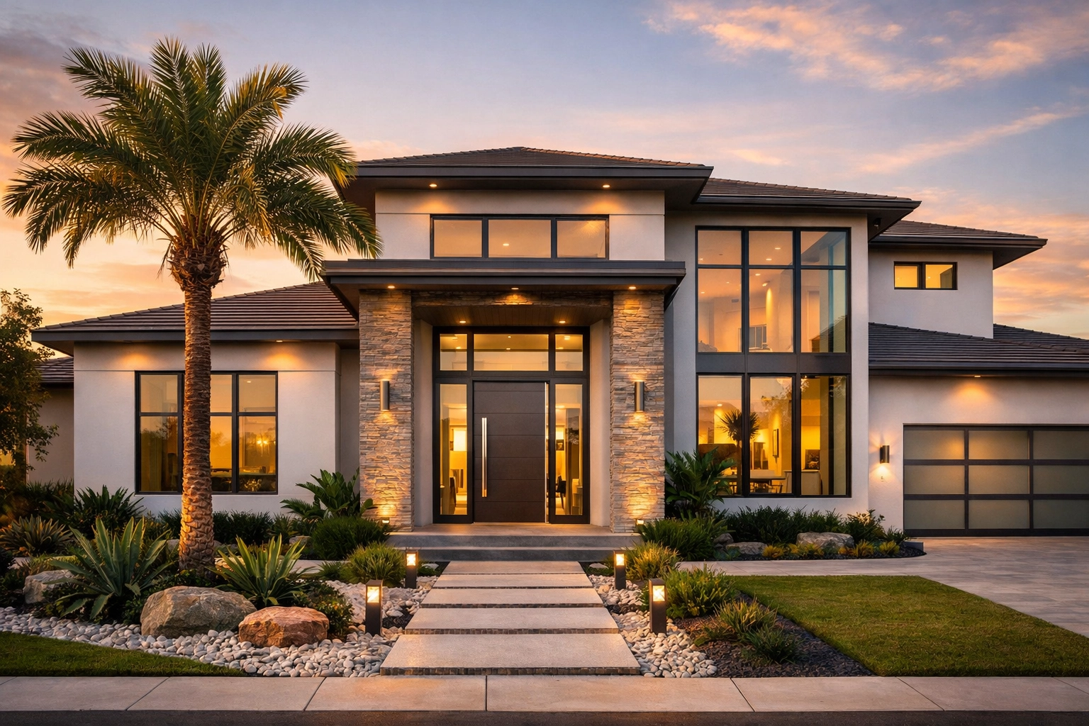 Contemporary new construction home in one of the gated communities in Cape Coral Florida during golden hour.