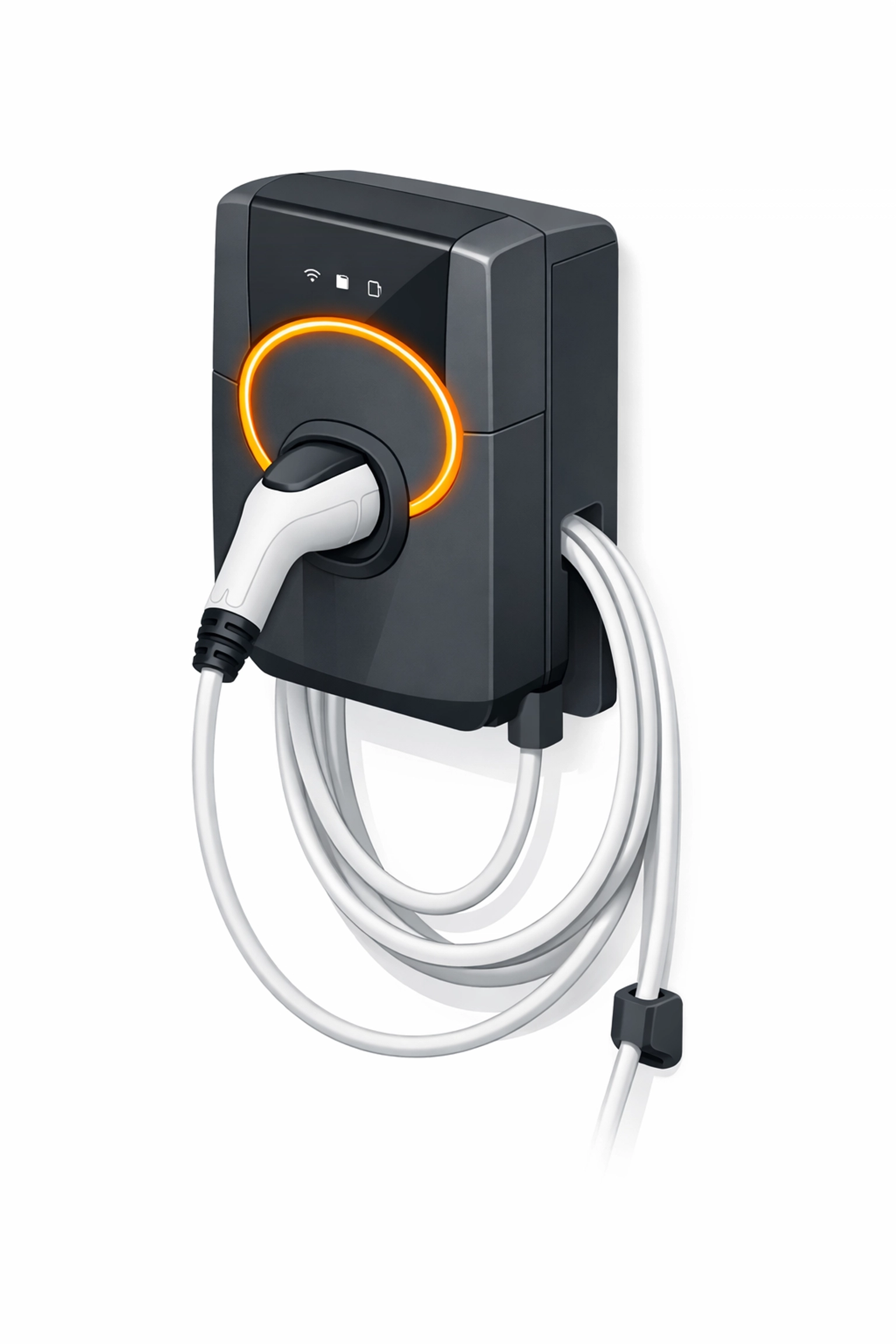 Wandmontierte Wallbox-Ladestation für Elektroautos als Teil moderner Hausinstallationen.