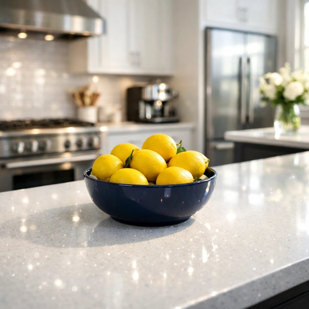 Spotless modern kitchen with white quartz countertops and navy accents after a professional deep cleaning service.