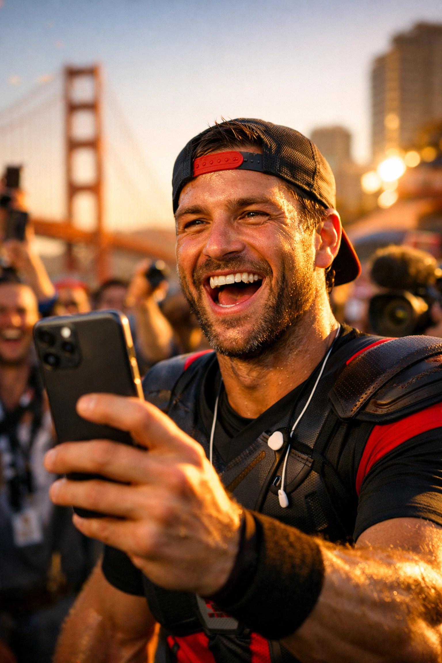Professional athlete engaging fans and creating digital content during Super Bowl week festivities.