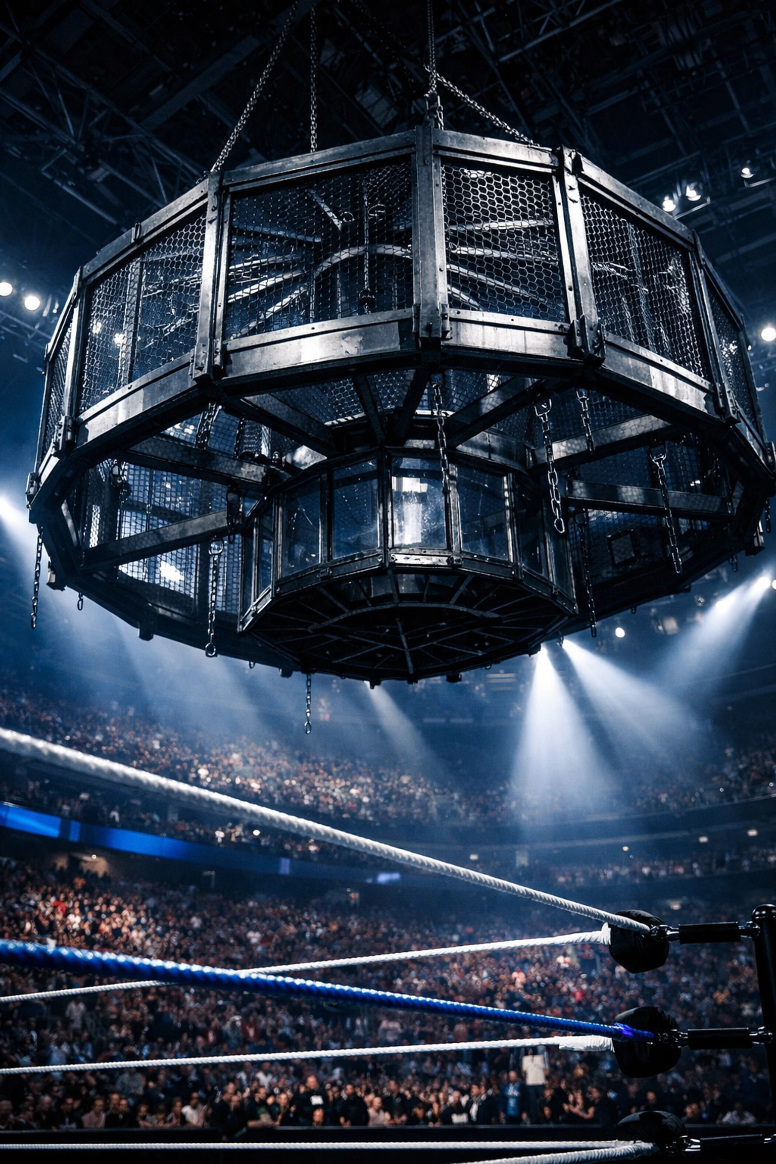 WWE Elimination Chamber structure suspended above wrestling ring in packed arena