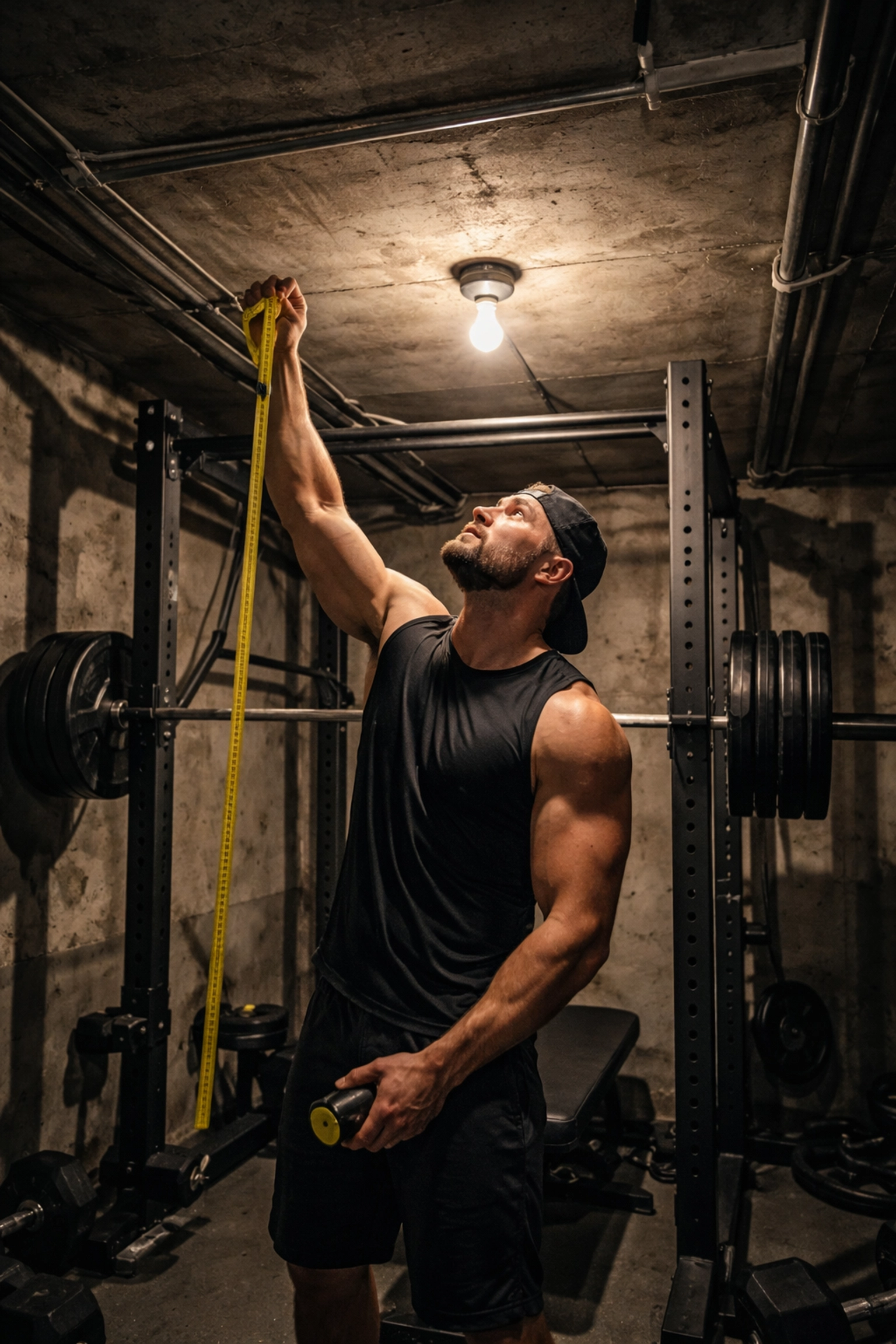 Frustrated athlete measuring cramped home gym space with low ceiling and overcrowded equipment setup.