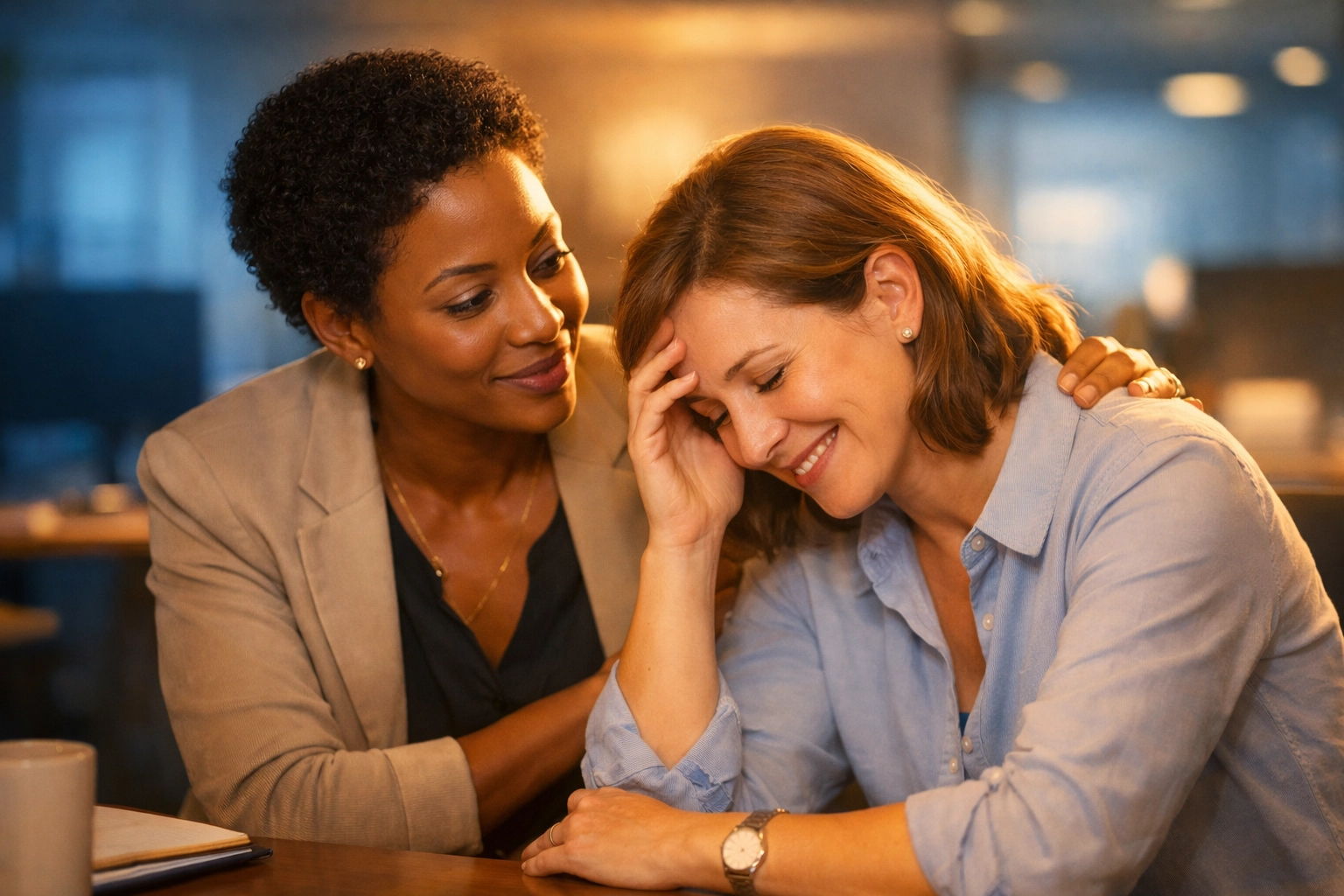 Supportive colleagues showing grace and compassion in an office during times of workplace uncertainty.