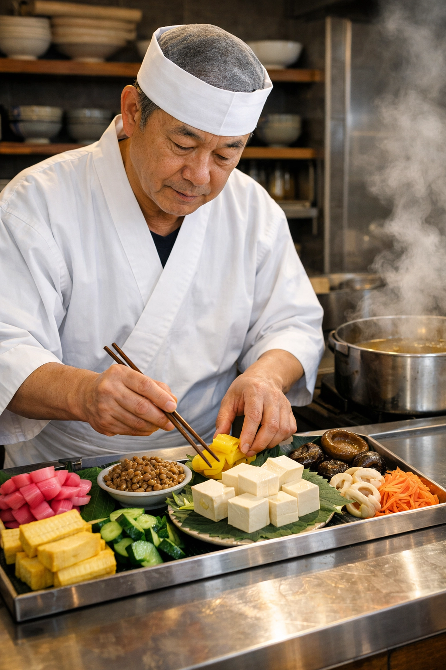 A Japanese chef carefully preparing fresh ingredients and dashi in a professional Tokyo kitchen.