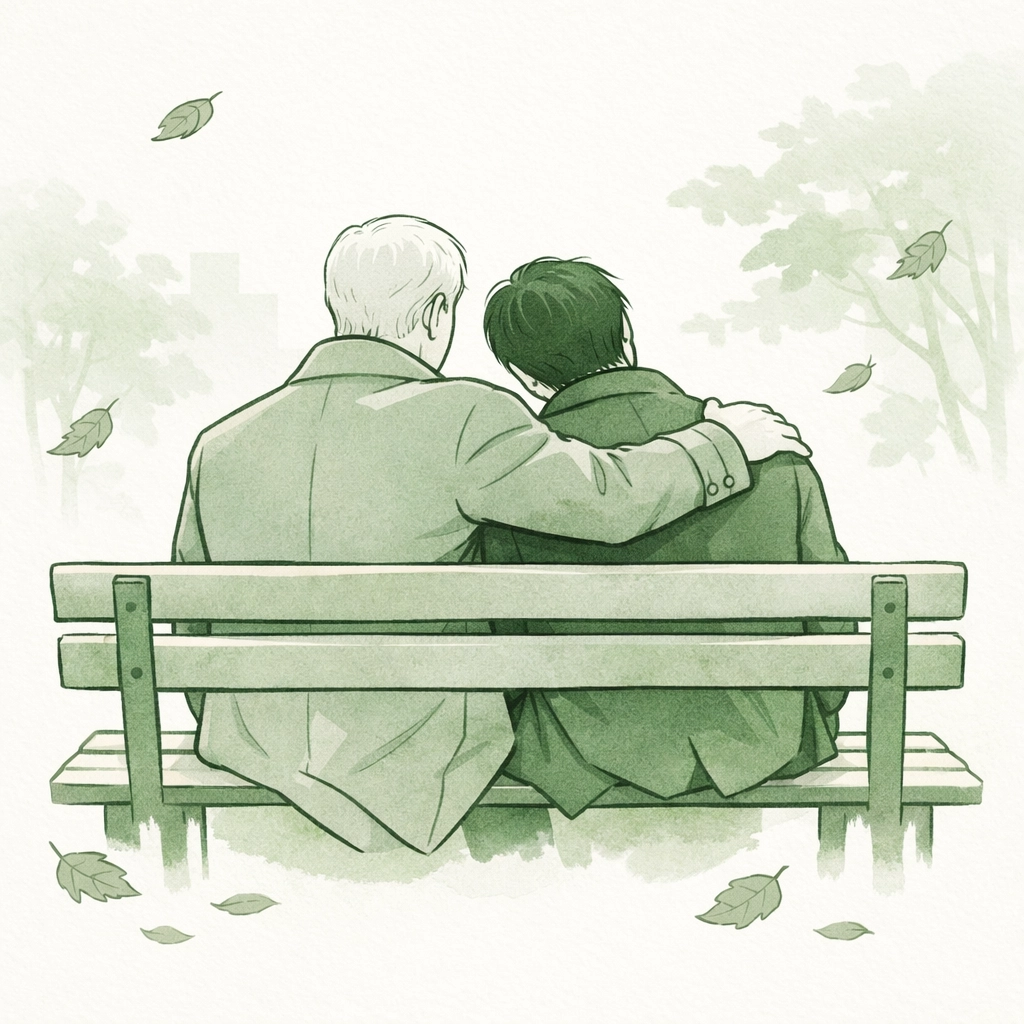 Two men embrace on park bench in autumn - forbidden gay romance and political scandal aftermath