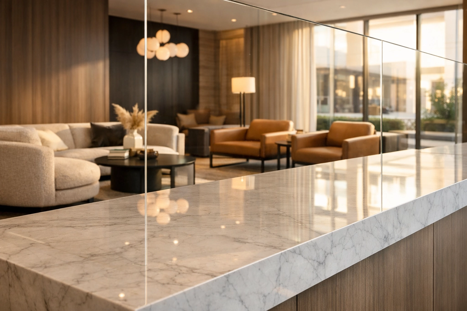 Clean glass and marble surfaces in a luxury Detroit multifamily building lobby showcasing high-end maintenance.