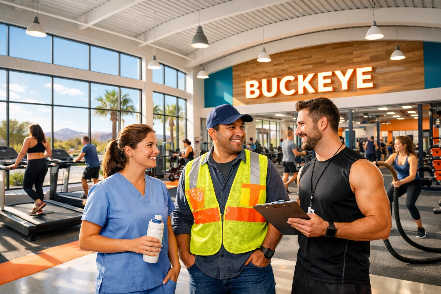 A Buckeye gym owner talking with a nurse and utility worker about local hero community benefits. A Buckeye gym owner talking with a nurse and utility worker about local hero community benefits.