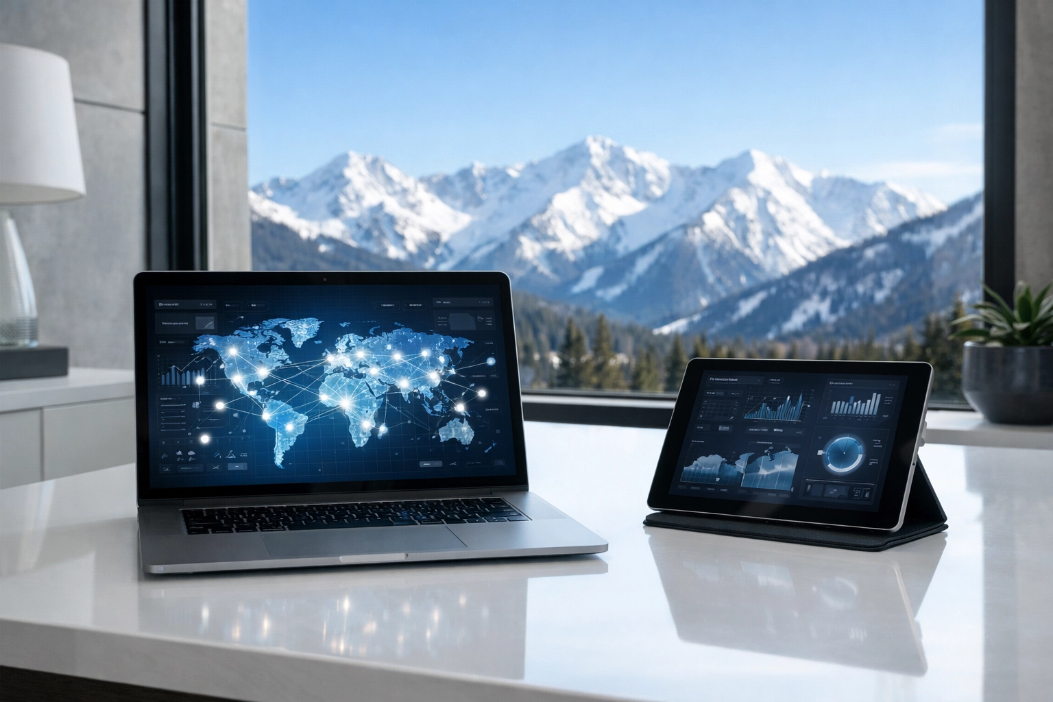 Cloud-native media management software on a laptop in a Colorado office for global asset collaboration.