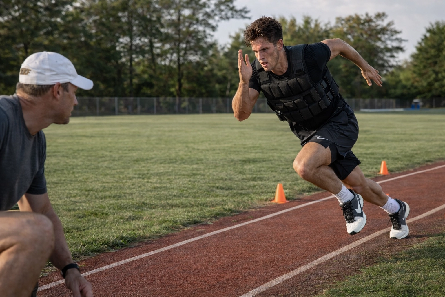 Athlete sprinting with weighted vest during acceleration training on outdoor track
