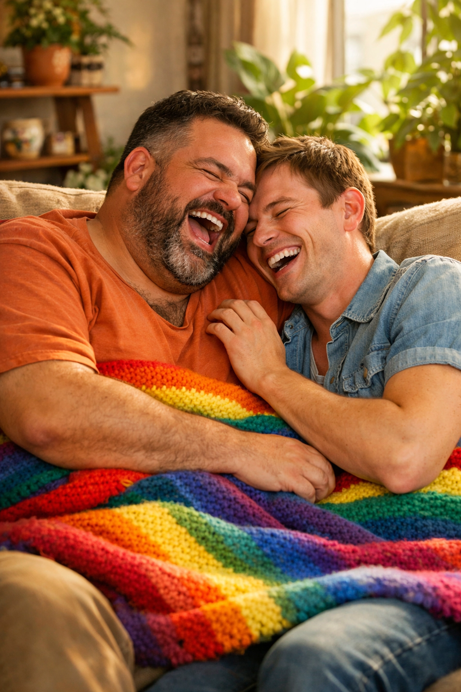Diverse gay couple sharing a laugh on a sofa, celebrating body positivity and authentic MM romance.