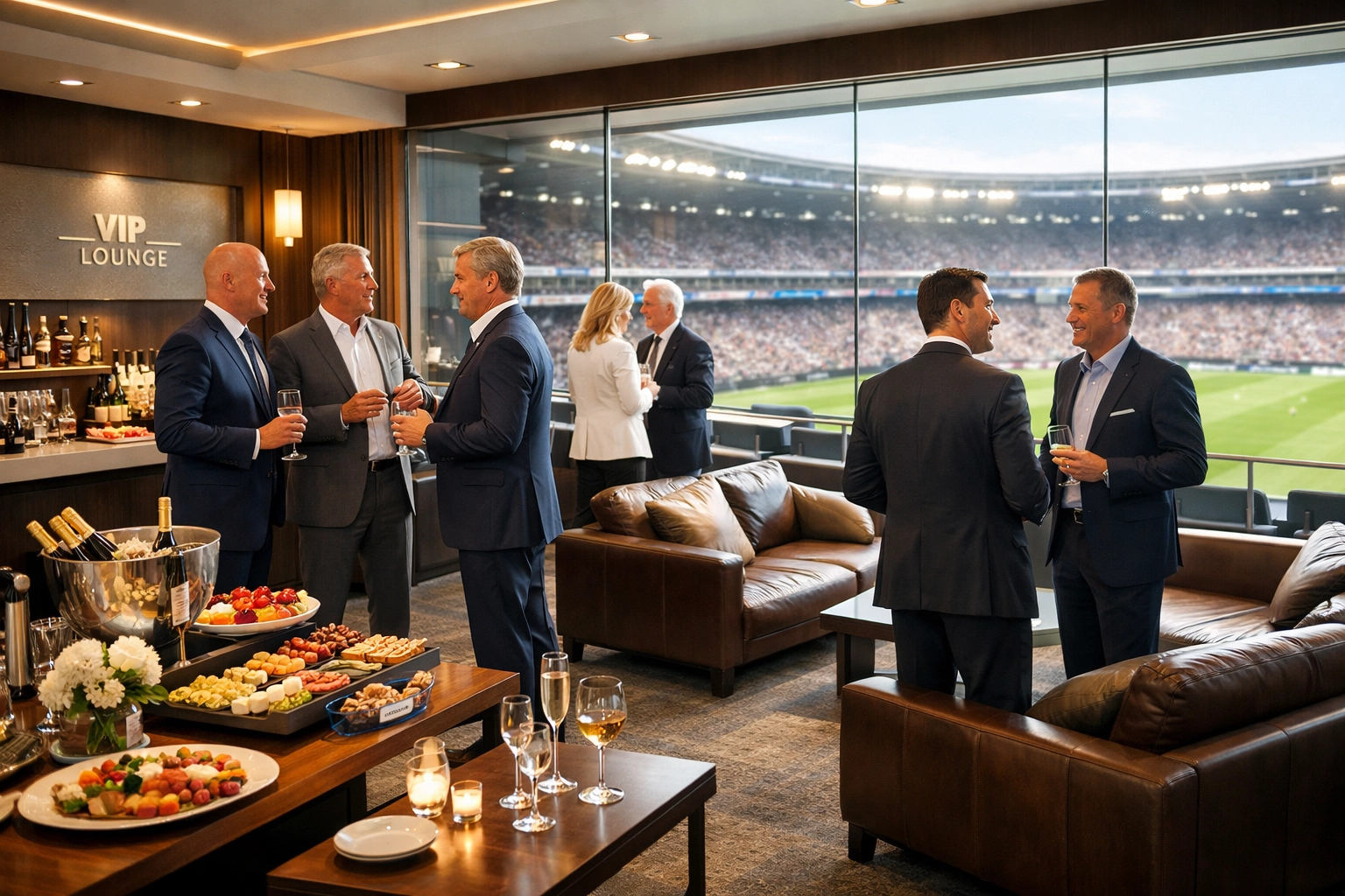 Luxury VIP hospitality suite at stadium for executive Super Bowl brand activations