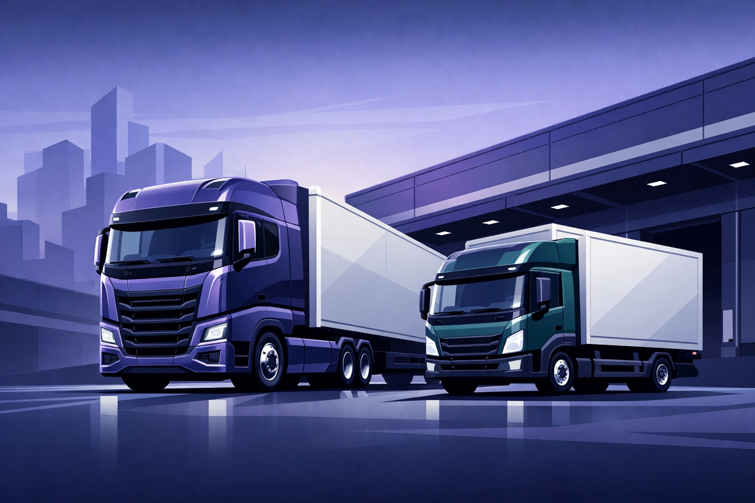 Modern Class 1 and Class 2 HGV trucks parked at a North West logistics warehouse terminal.