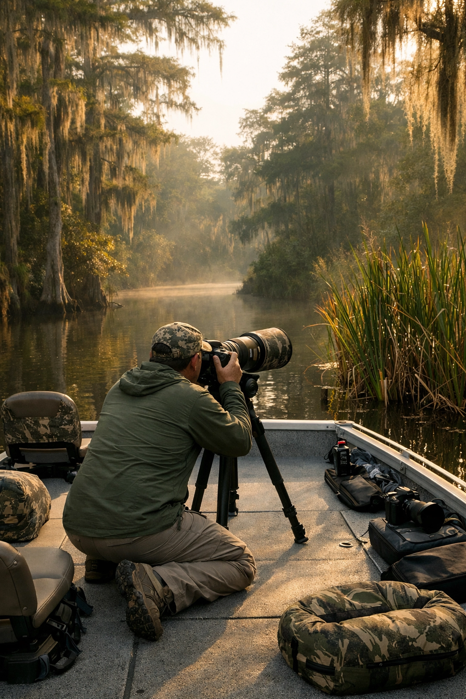 A professional photography tour boat navigating the best photo spots in the Everglades.