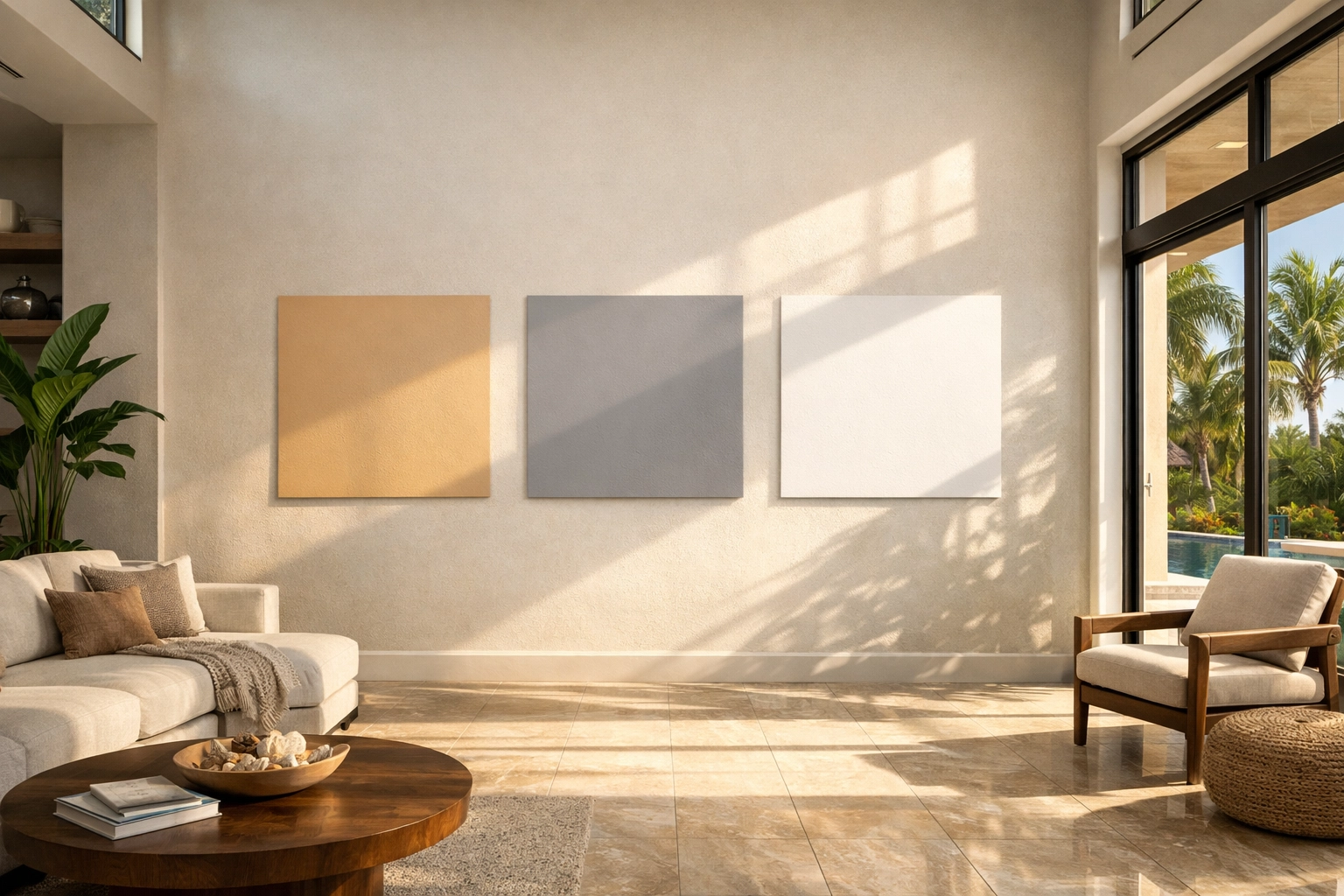 Neutral paint color samples on a wall in a bright Orlando home with natural sunlight.
