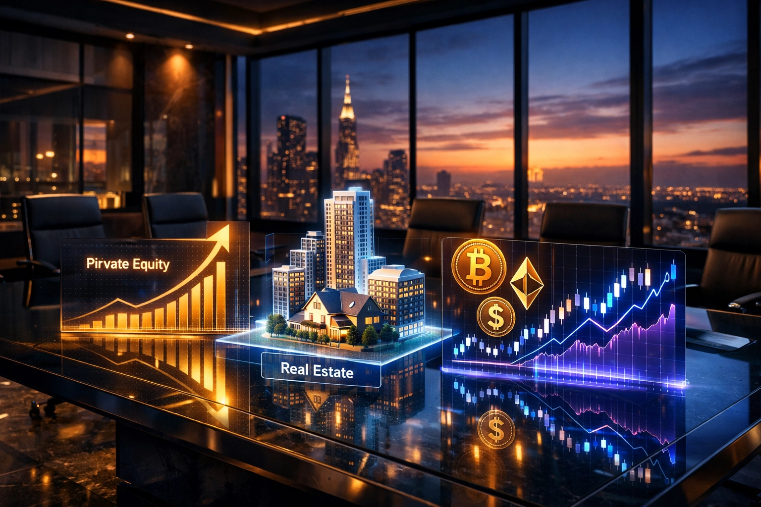 Modern investment conference room displaying alternative investment portfolio charts and analytics