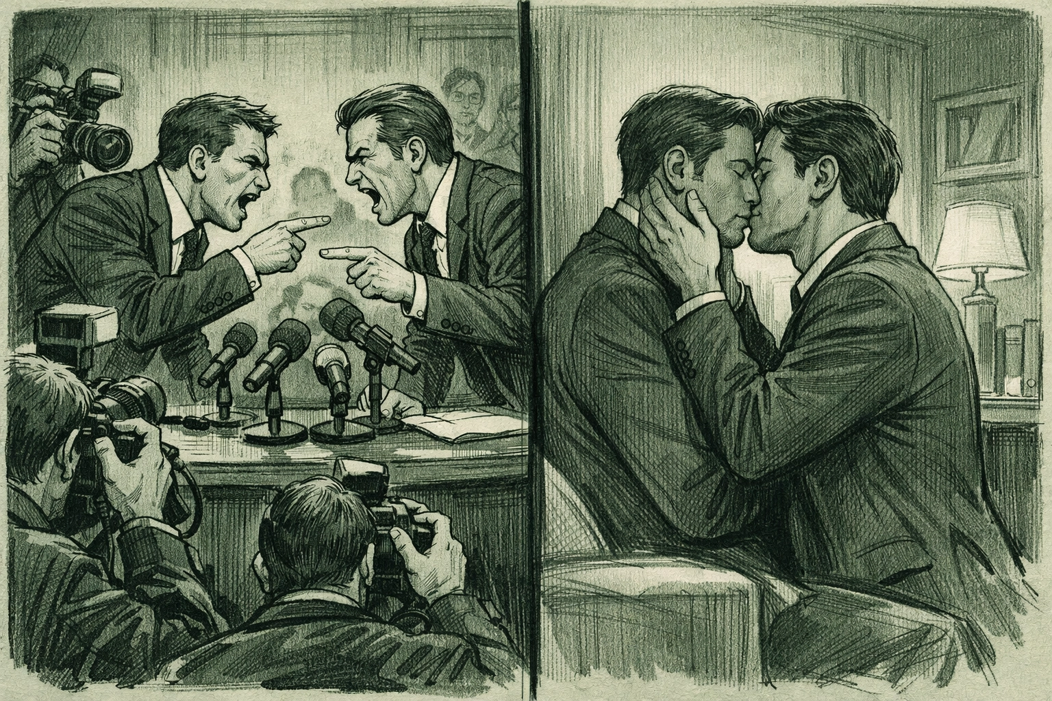 Political rivals publicly feuding but privately lovers - MM romance duality illustration