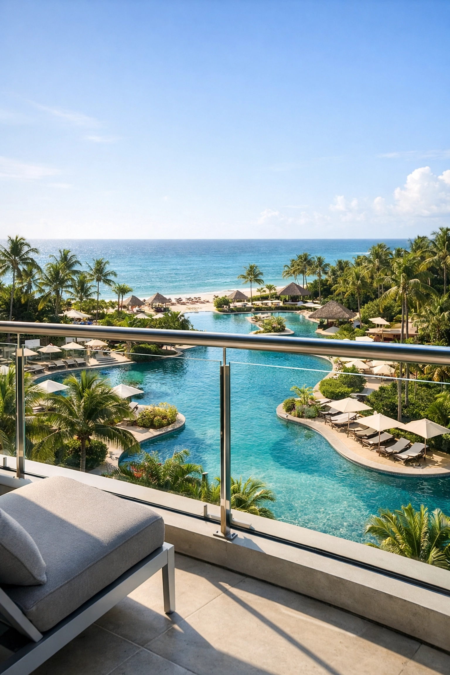 Luxury oceanfront balcony view of tropical pools at Barceló Bávaro, booked via our travel agency in Nebraska.