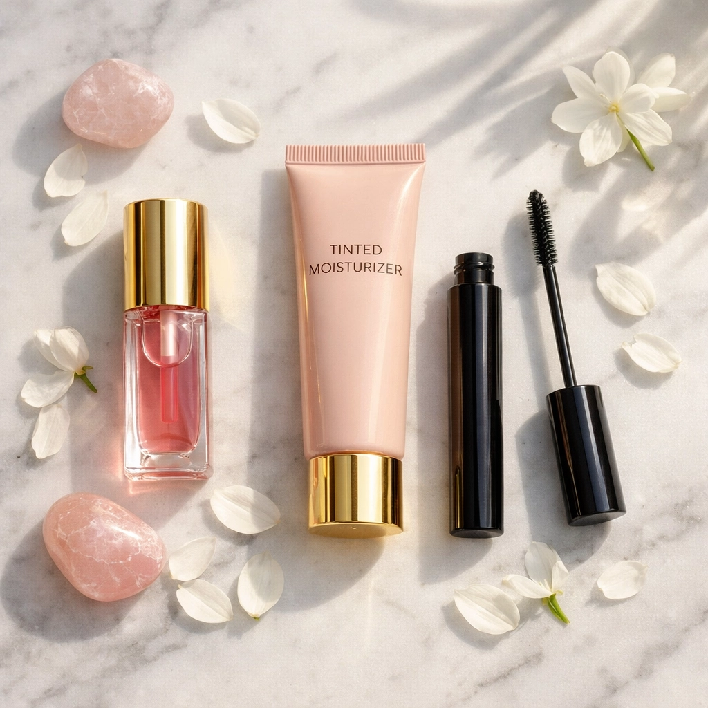 Luxury Sei Bella beauty products on marble for a simple and effective summer skin routine.