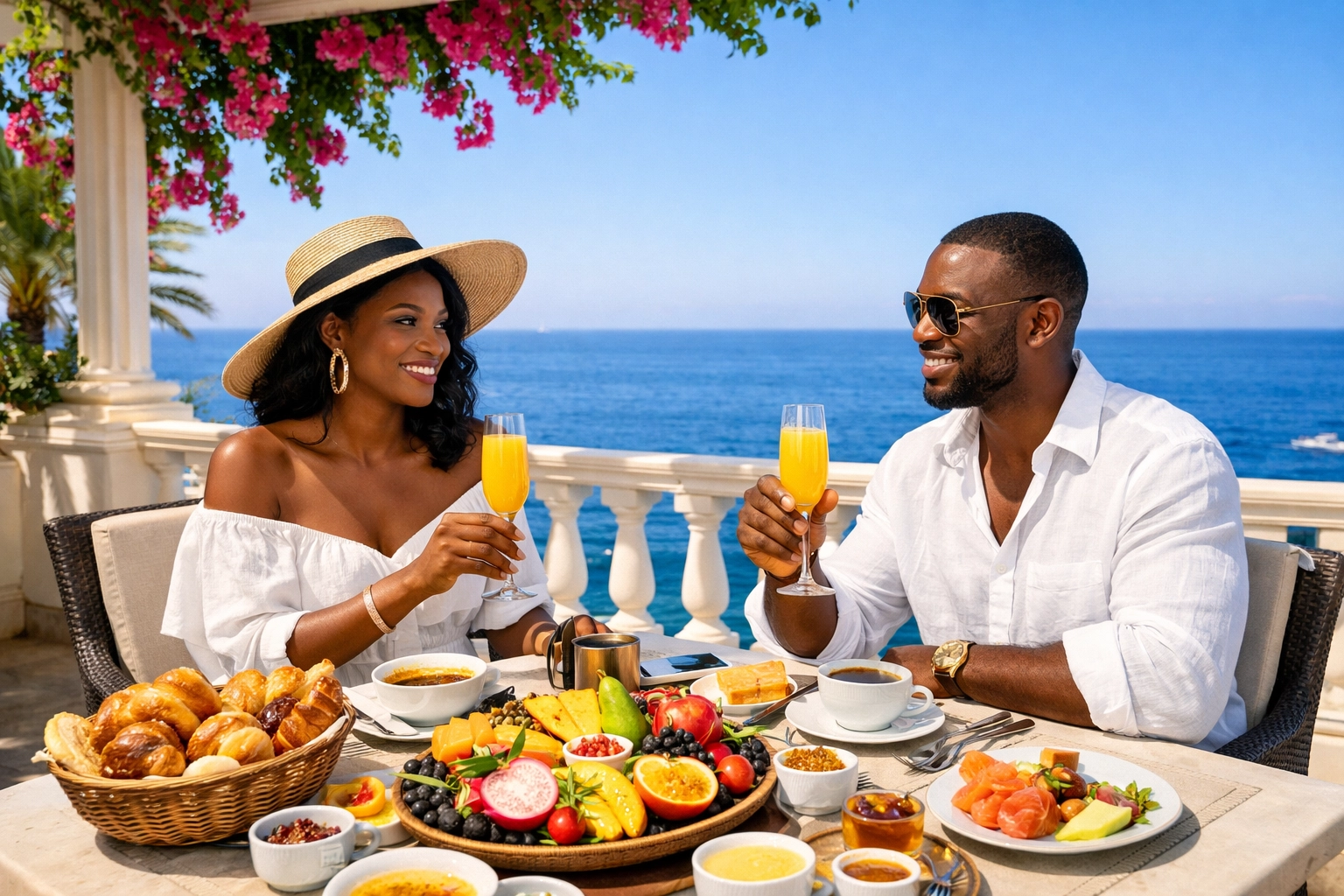 Couple enjoys luxury resort breakfast, a VIP perk from an Omaha travel agent and planning service.
