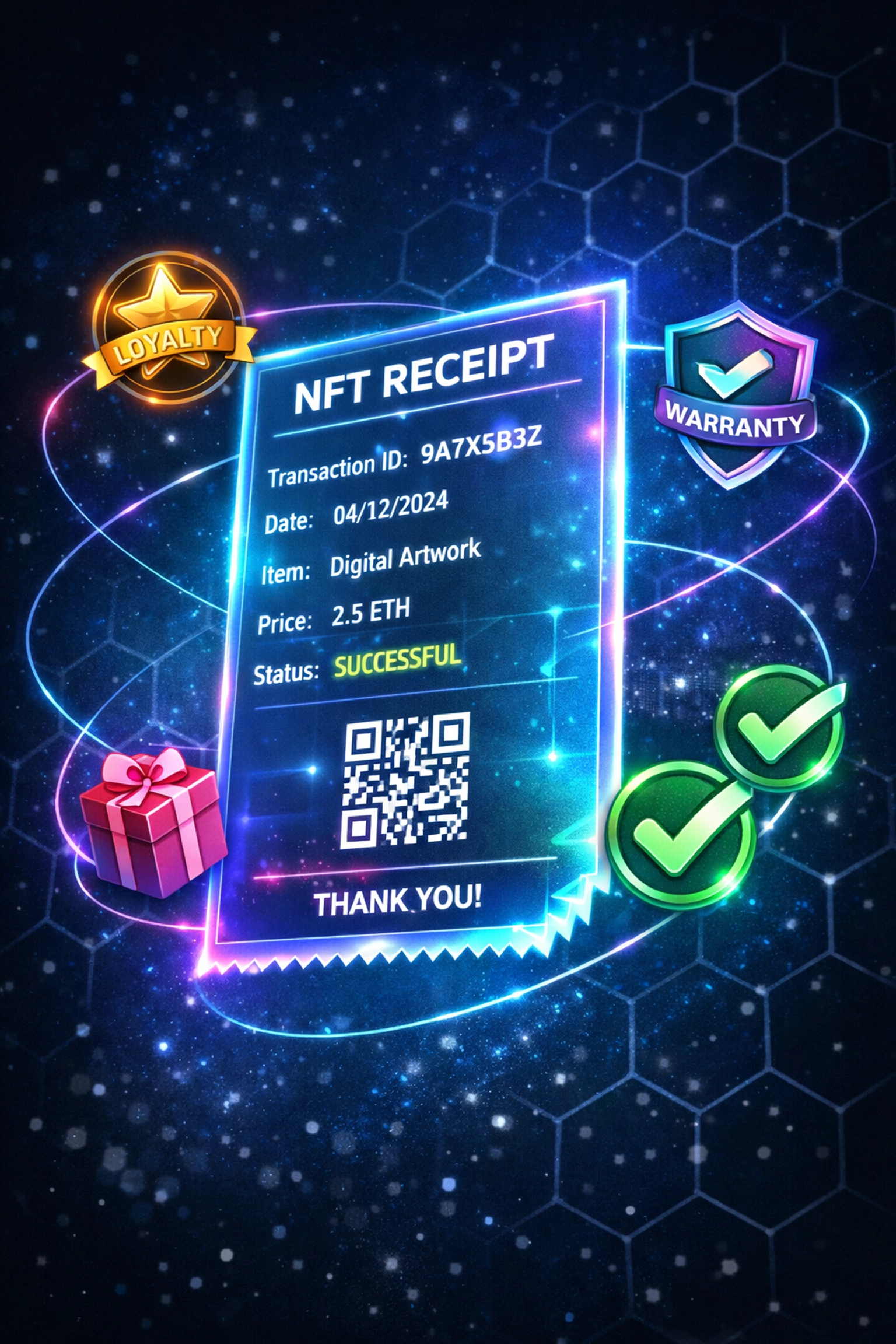 NFT receipt with loyalty rewards, warranty tracking, and blockchain verification features