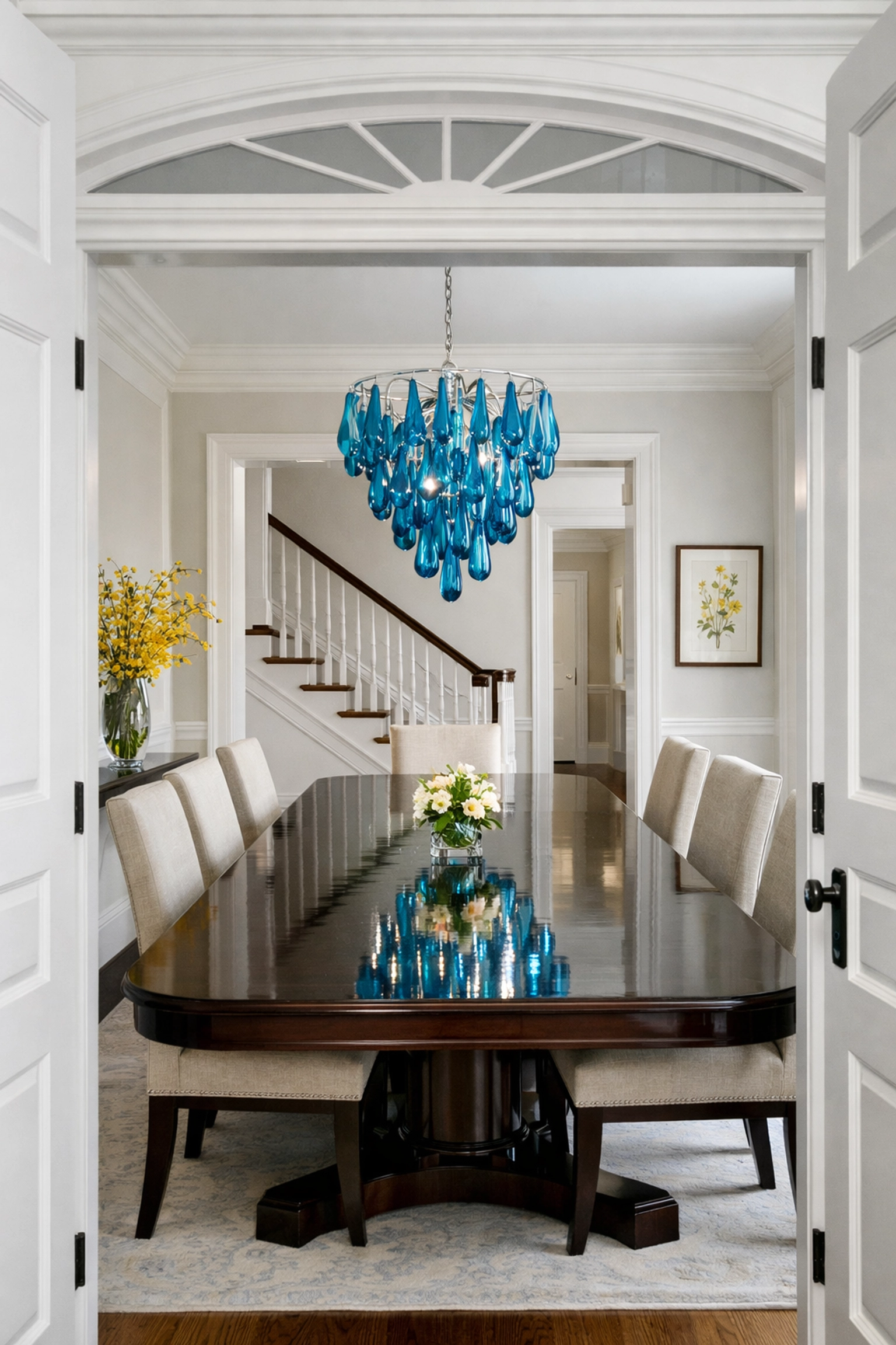 Elegant dining room and entryway professionally sanitized by The Cleaning Ninjas Inc in Bedford.