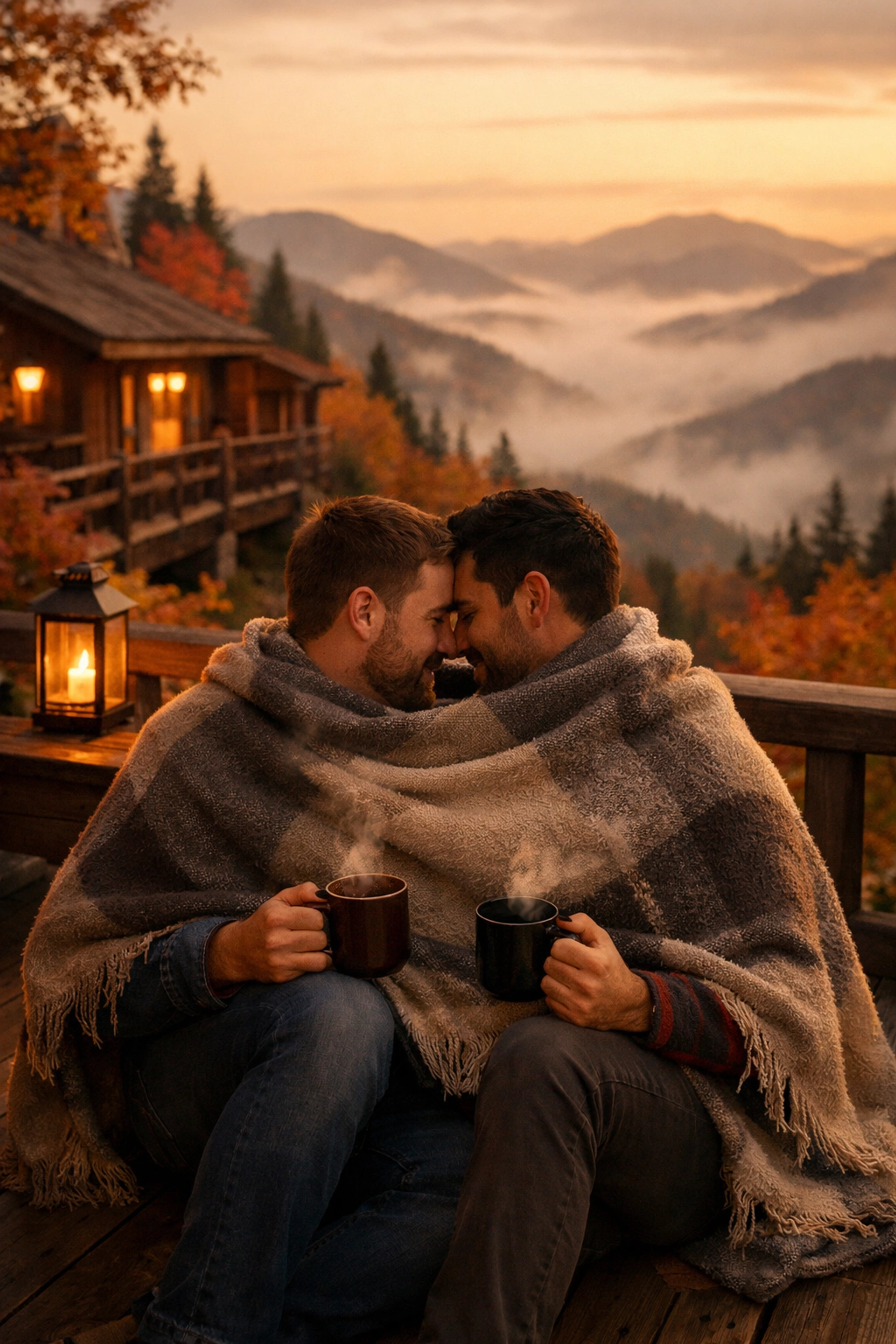 Gay couple enjoying romantic mountain getaway at LGBTQ+ lodge in autumn