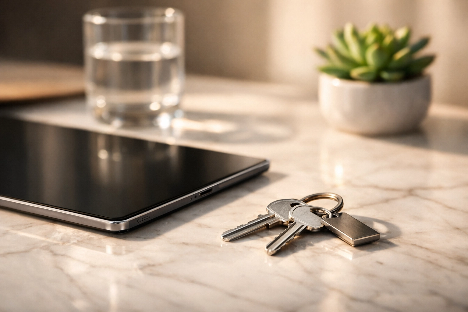 Tablet and office keys on a desk representing the final financial closing of a business transaction.