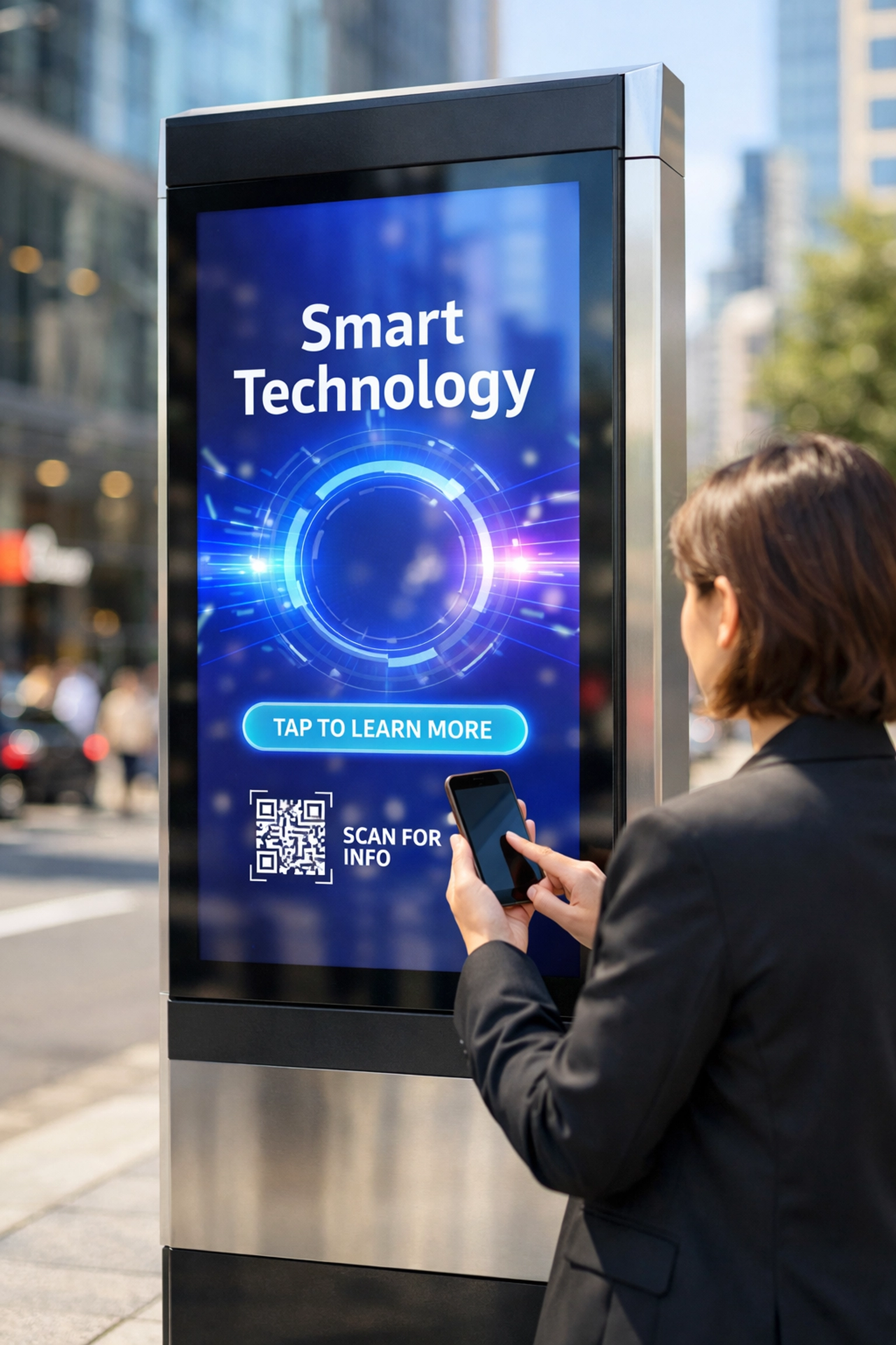 Professional interacting with an interactive digital advertising kiosk on a city street for brand engagement.