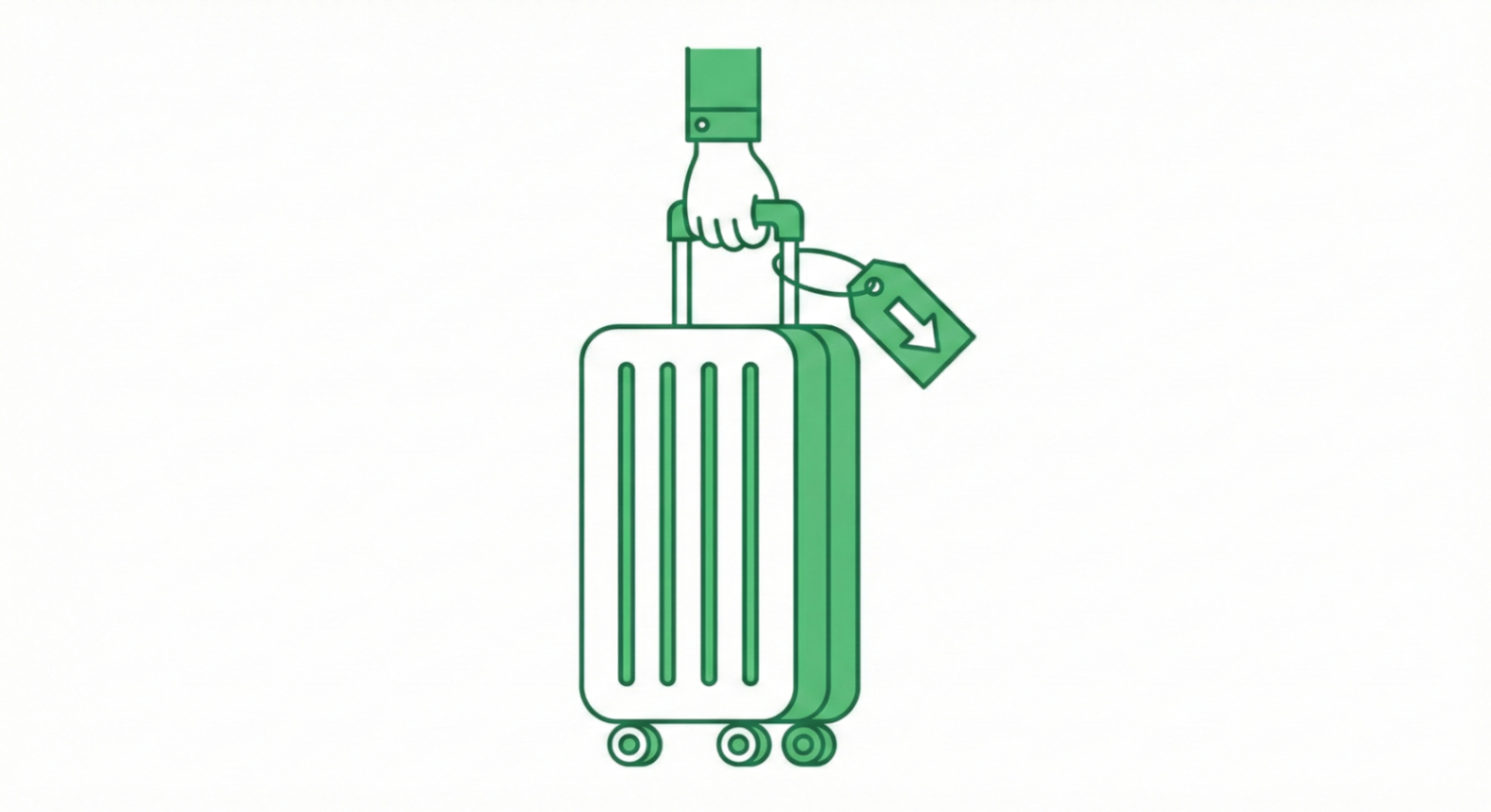 A green suitcase with a price tag and downward arrow