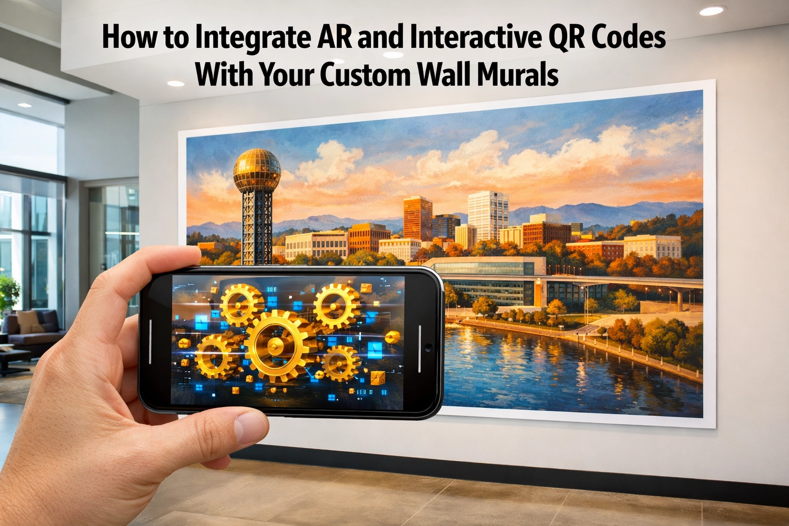 Interactive office mural showing an augmented reality digital overlay on a smartphone in a Knoxville lobby.
