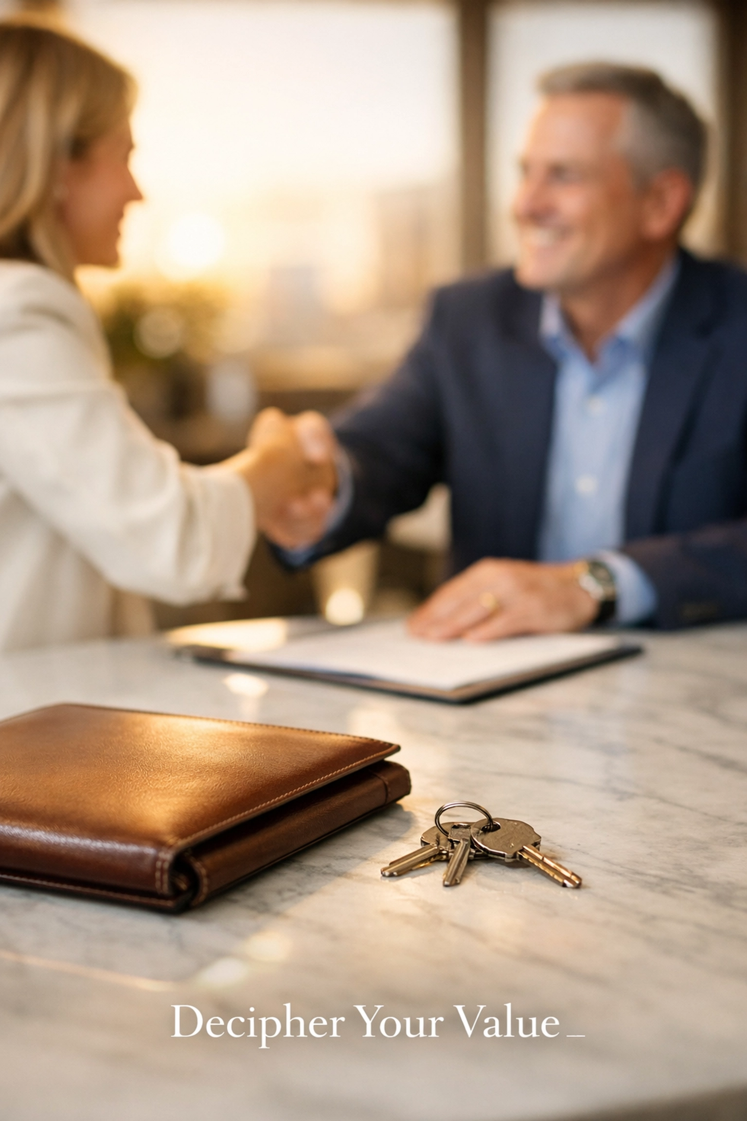 Business professionals shaking hands on a seller-financed business sale agreement. Decipher Your Value.