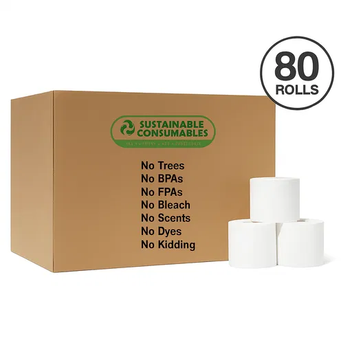A bulk box of Sustainable Consumables bamboo toilet paper showing 80 pure white rolls