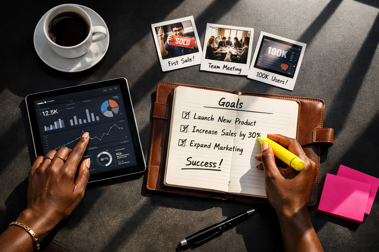 Strategic planning workspace with goals, analytics, and business building tools