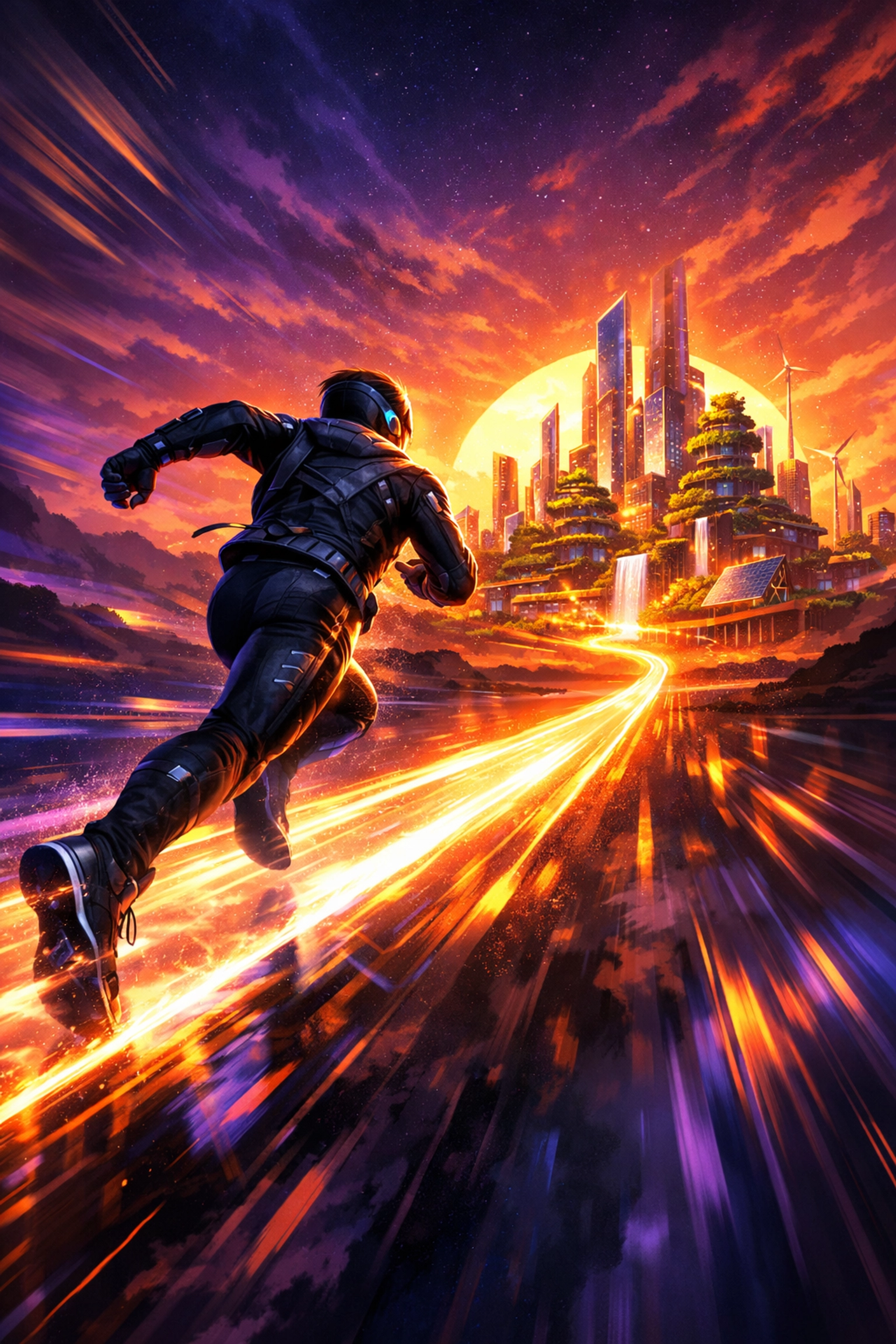 Futuristic figure running toward a sustainable city representing the long-term vision of Larecoin Web3.