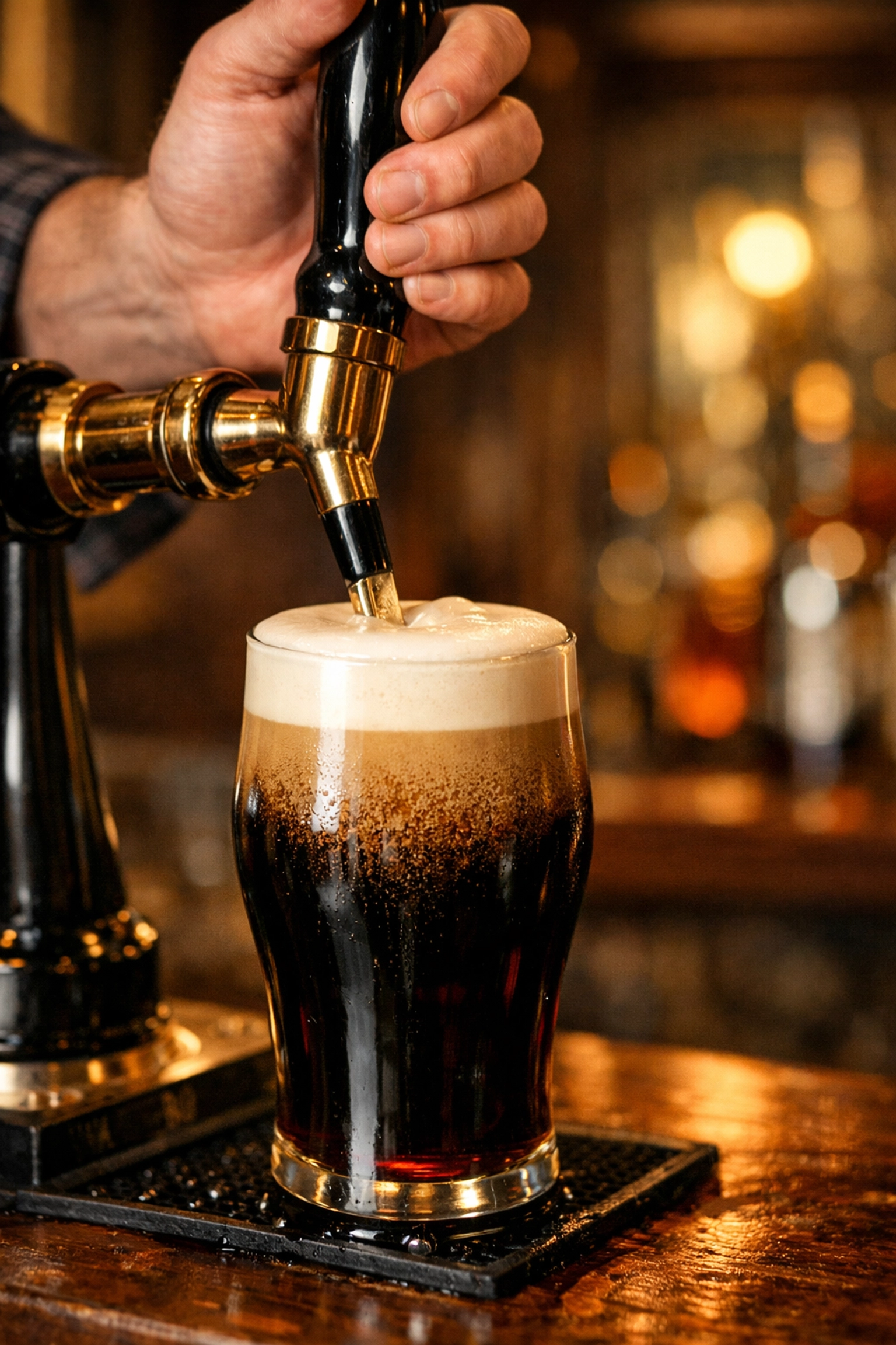 Bartender pouring a pint of stout with a creamy head and velvety nitrogen cascade using 30/70 beer gas.