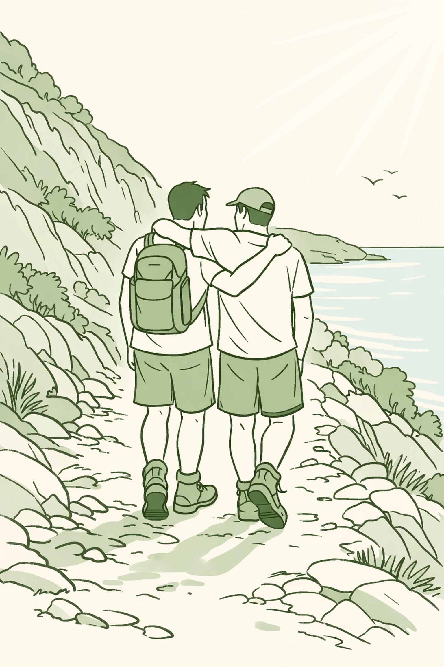 Gay couple walking coastal path to Platja de l'Home Mort nudist beach in Sitges Spain