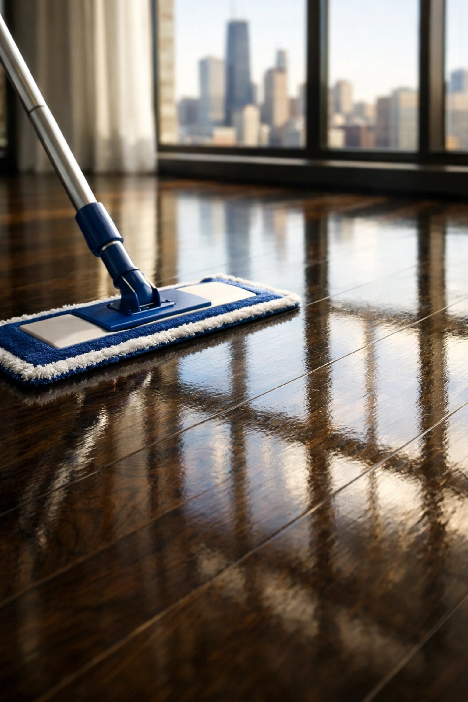 Professional microfiber mop on polished hardwood floors in a Chicago rental apartment.